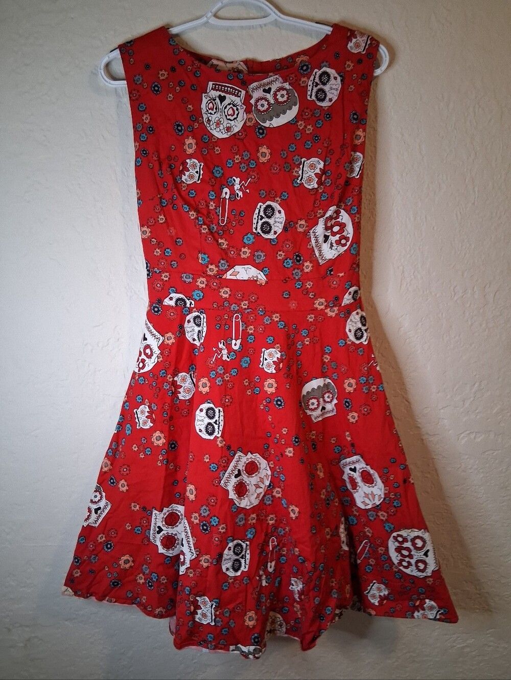 iHot Retro Red Day of the Dead Skull Fit & Flare Dress See Measurements SZ L